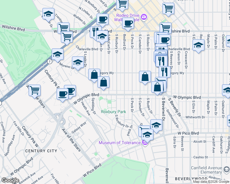map of restaurants, bars, coffee shops, grocery stores, and more near 340 South Roxbury Drive in Beverly Hills