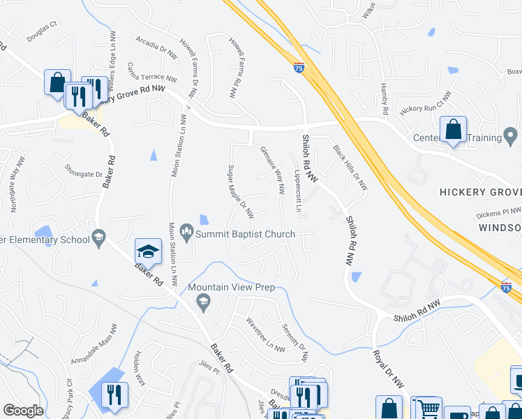 map of restaurants, bars, coffee shops, grocery stores, and more near 2206 Sugar Maple Court Northwest in Acworth