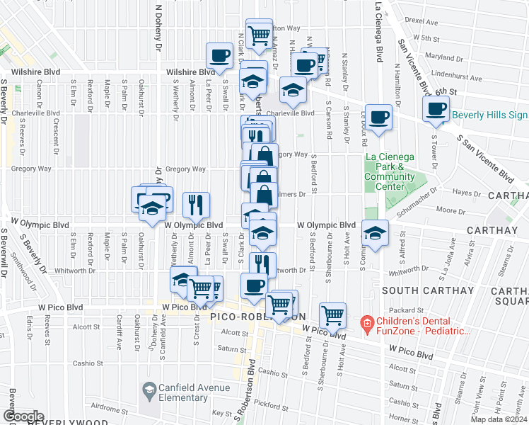 map of restaurants, bars, coffee shops, grocery stores, and more near 906 South Robertson Boulevard in Los Angeles