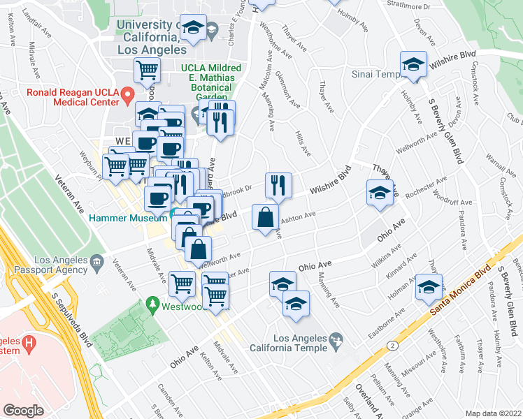 map of restaurants, bars, coffee shops, grocery stores, and more near 10763 Wilshire Boulevard in Los Angeles