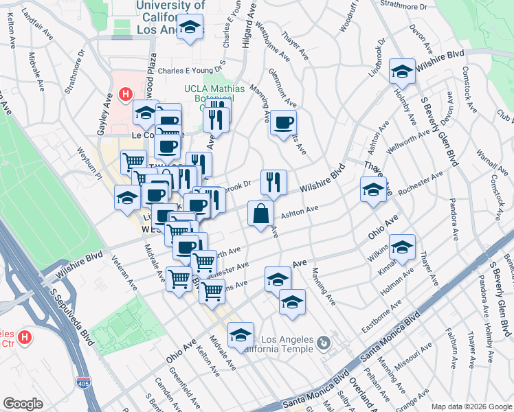 map of restaurants, bars, coffee shops, grocery stores, and more near 10763 Wilshire Boulevard in Los Angeles