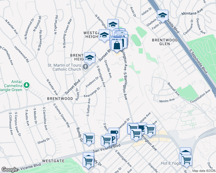 map of restaurants, bars, coffee shops, grocery stores, and more near 210 South Westgate Avenue in Los Angeles