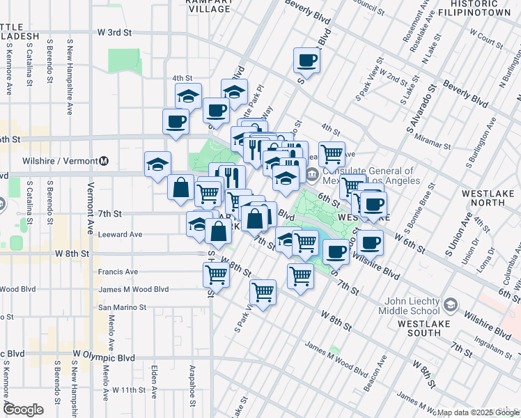 map of restaurants, bars, coffee shops, grocery stores, and more near 2500 Wilshire Boulevard in Los Angeles
