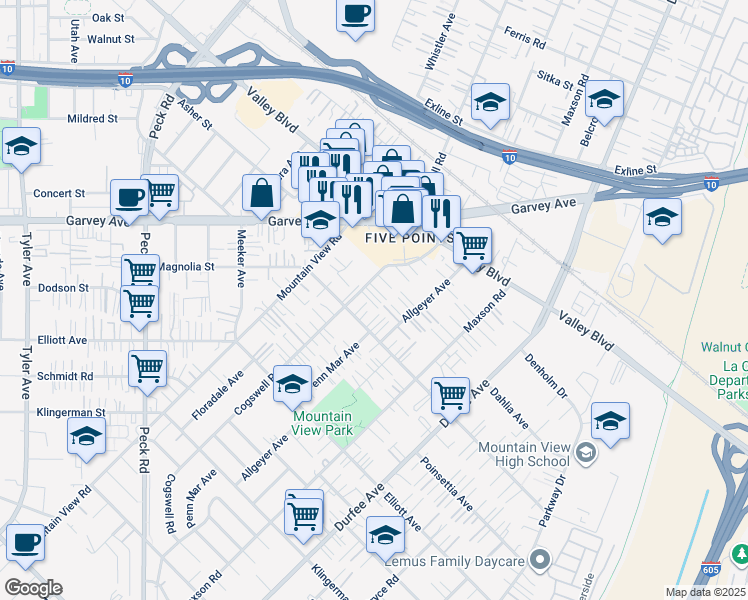 map of restaurants, bars, coffee shops, grocery stores, and more near 2826 Cogswell Road in El Monte