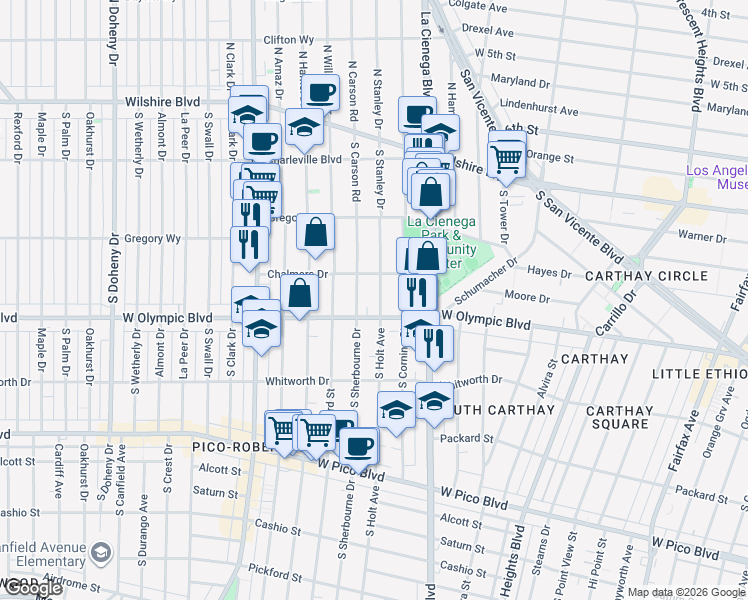 map of restaurants, bars, coffee shops, grocery stores, and more near 925 South Holt Avenue in Los Angeles