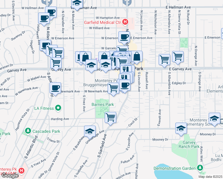 map of restaurants, bars, coffee shops, grocery stores, and more near 236 South Ramona Avenue in Monterey Park