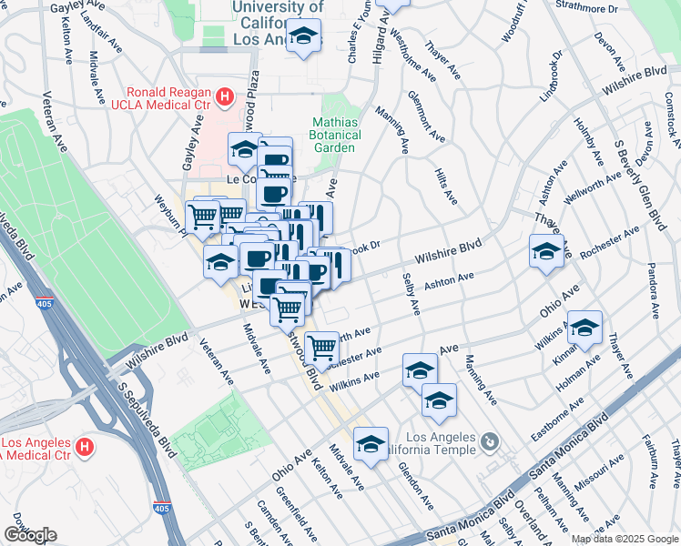 map of restaurants, bars, coffee shops, grocery stores, and more near 10824 Lindbrook Drive in Los Angeles