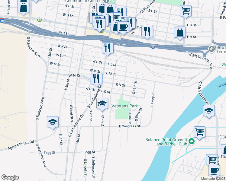 map of restaurants, bars, coffee shops, grocery stores, and more near 207 East O Street in Colton