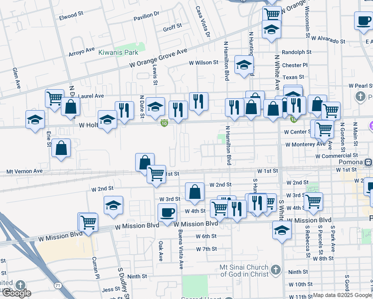 map of restaurants, bars, coffee shops, grocery stores, and more near 1010 West Holt Avenue in Pomona