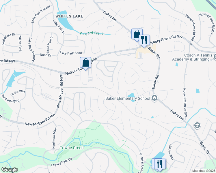 map of restaurants, bars, coffee shops, grocery stores, and more near 4450 High Gate Drive Northwest in Acworth