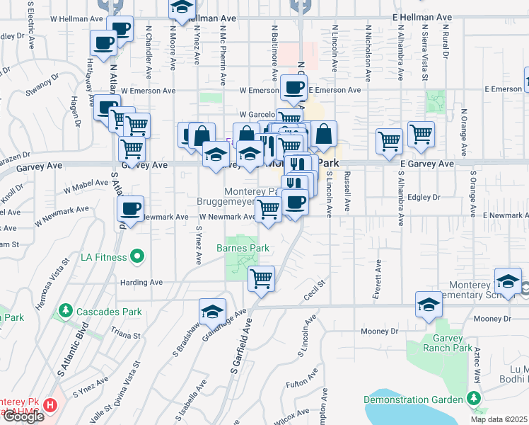 map of restaurants, bars, coffee shops, grocery stores, and more near 236 South Ramona Avenue in Monterey Park