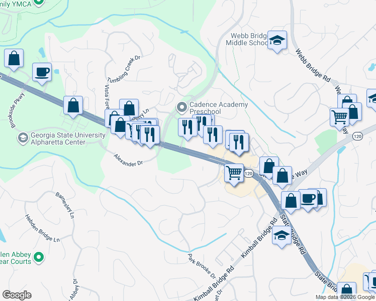 map of restaurants, bars, coffee shops, grocery stores, and more near 11539 Park Woods Circle in Alpharetta