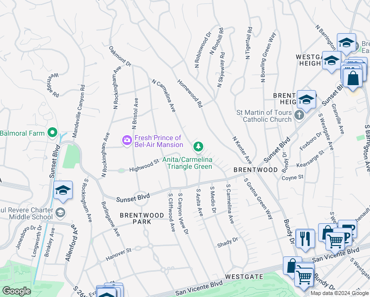 map of restaurants, bars, coffee shops, grocery stores, and more near 193 North Carmelina Avenue in Los Angeles