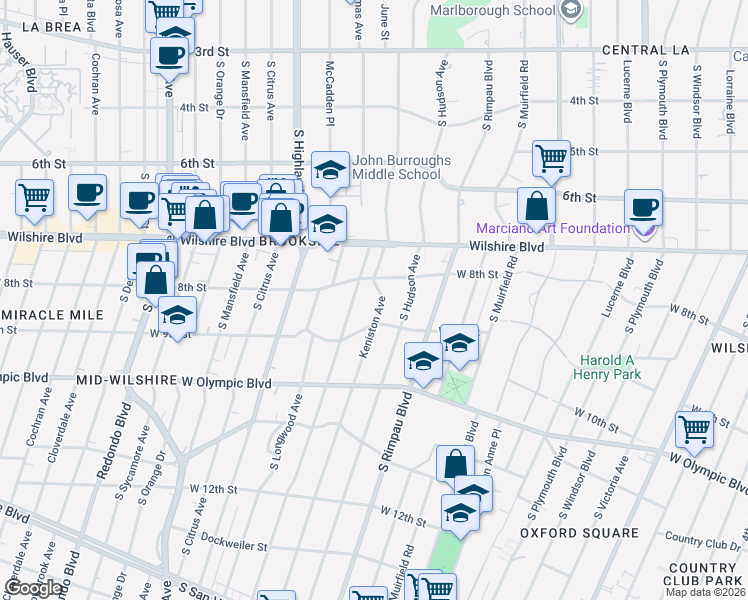 map of restaurants, bars, coffee shops, grocery stores, and more near 829 Keniston Avenue in Los Angeles