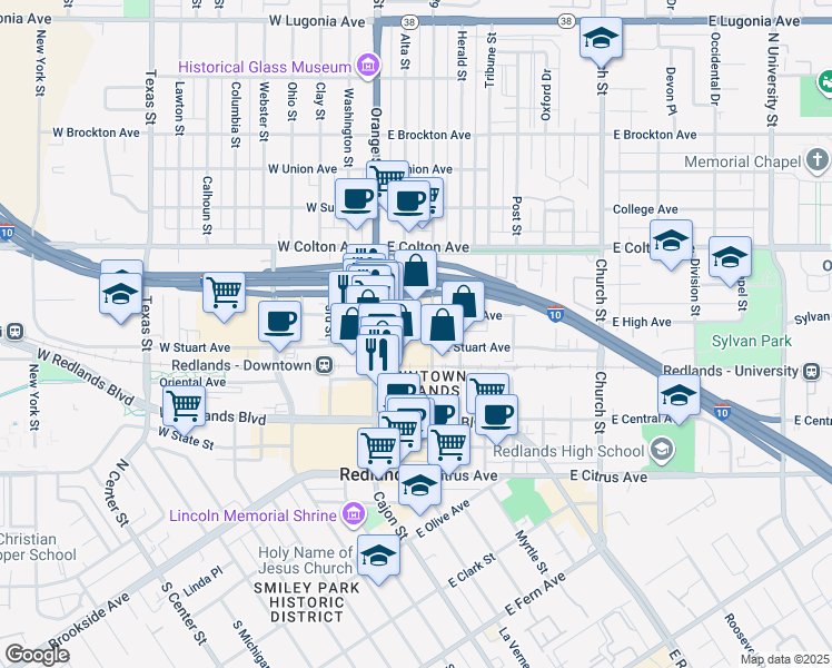 map of restaurants, bars, coffee shops, grocery stores, and more near 522 Orange Street in Redlands