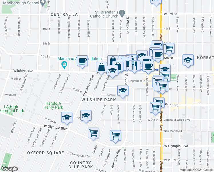 map of restaurants, bars, coffee shops, grocery stores, and more near 4085 West 7th Street in Los Angeles