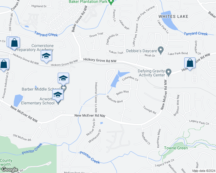 map of restaurants, bars, coffee shops, grocery stores, and more near 4384 Walforde Boulevard in Acworth