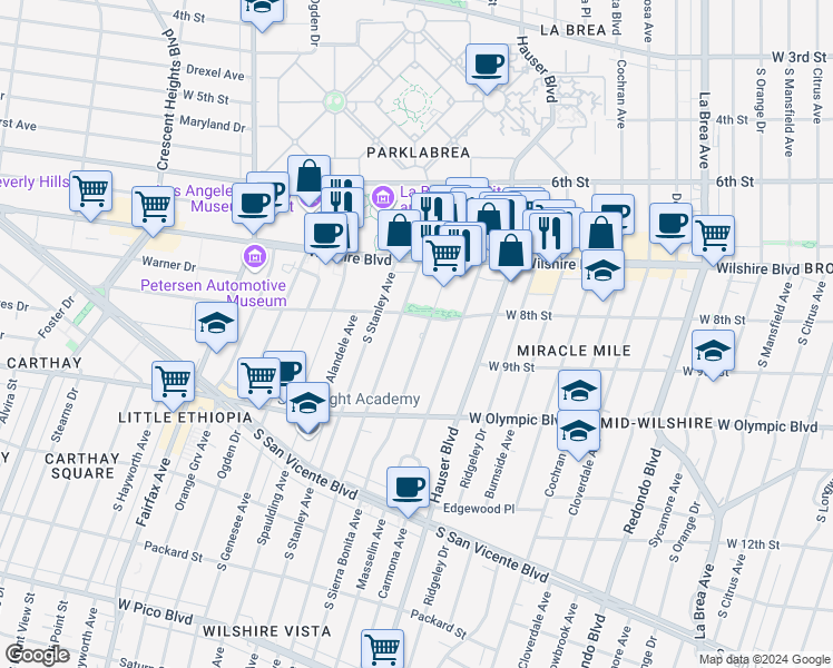 map of restaurants, bars, coffee shops, grocery stores, and more near 823 South Sierra Bonita Avenue in Los Angeles