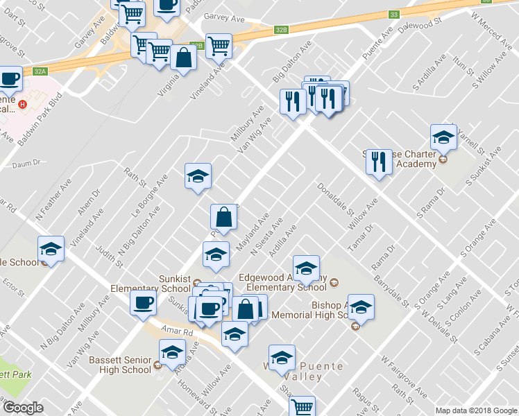 map of restaurants, bars, coffee shops, grocery stores, and more near 13926 Janetdale Street in La Puente