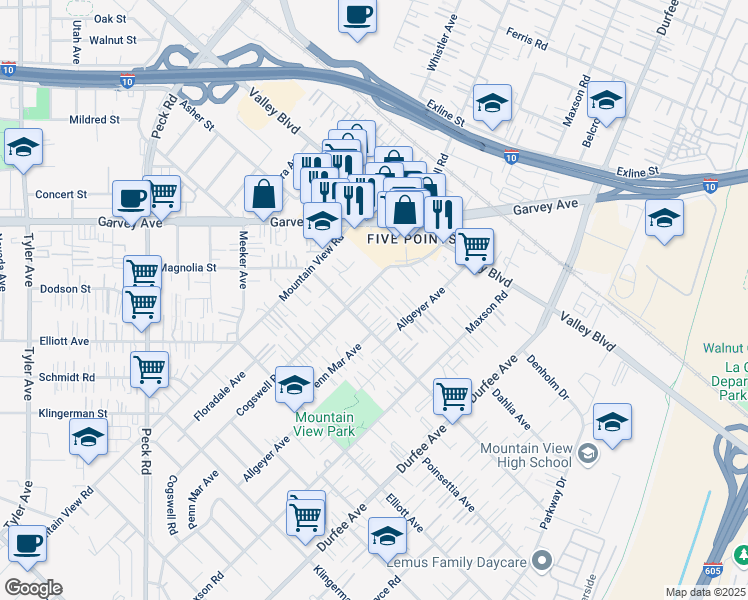 map of restaurants, bars, coffee shops, grocery stores, and more near 2826 Cogswell Road in El Monte