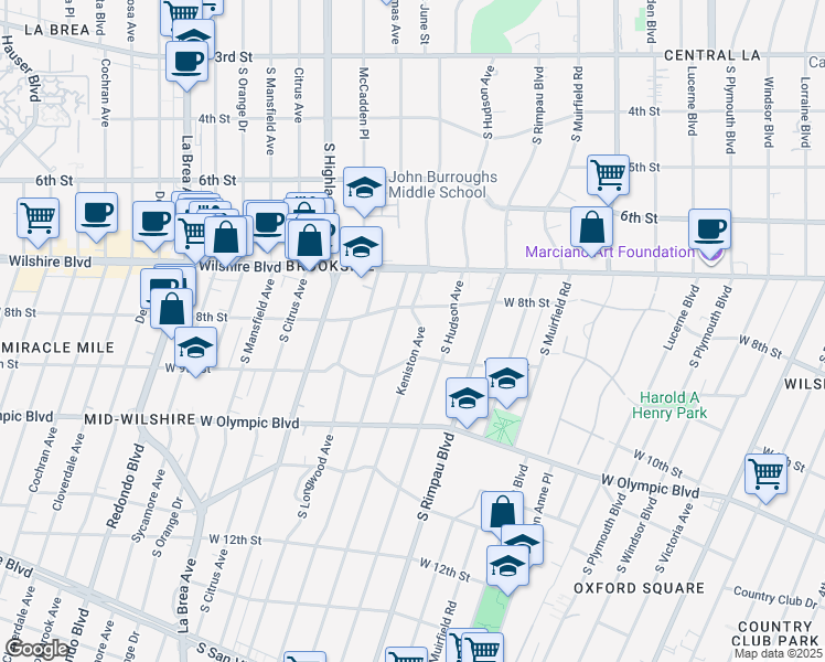 map of restaurants, bars, coffee shops, grocery stores, and more near 829 Keniston Avenue in Los Angeles