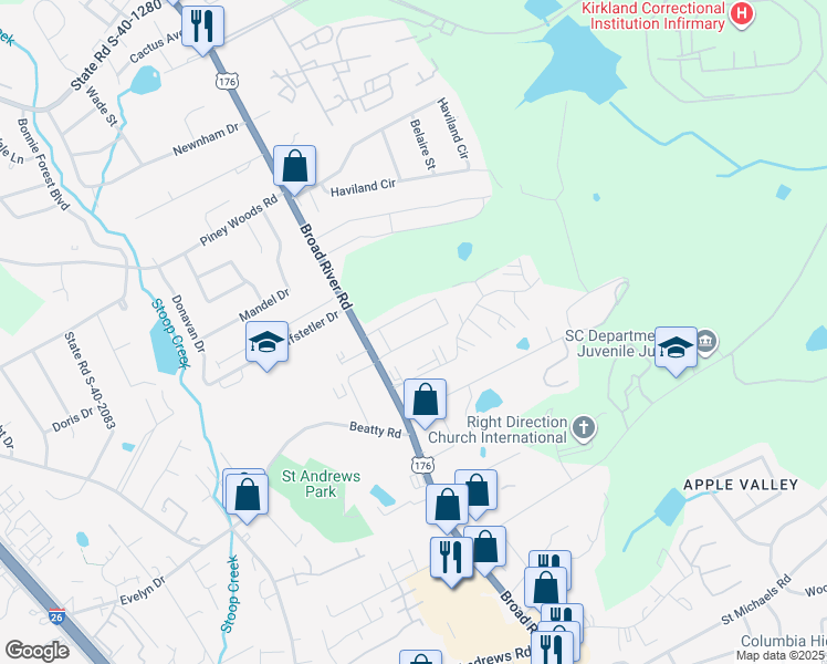 map of restaurants, bars, coffee shops, grocery stores, and more near 3930 Broad River Road in Columbia
