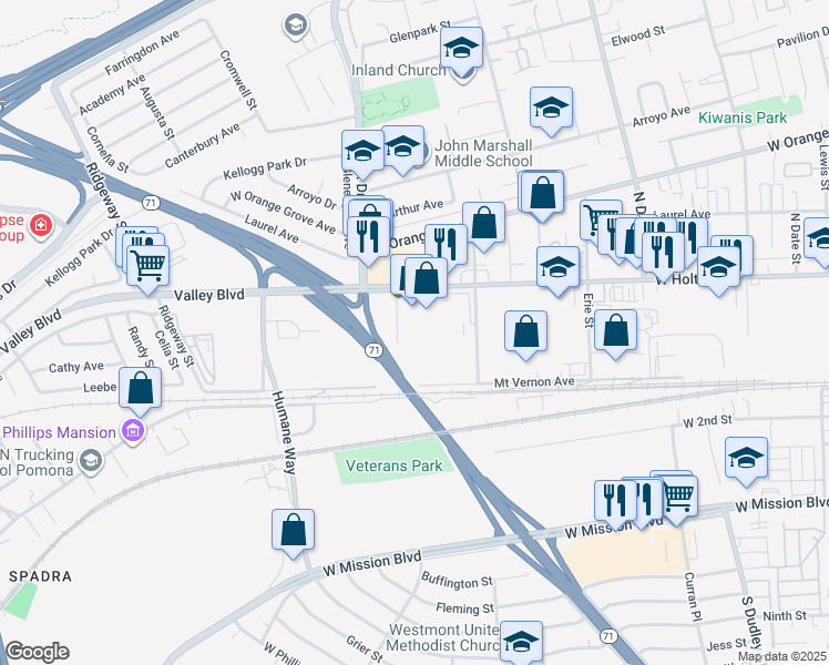 map of restaurants, bars, coffee shops, grocery stores, and more near 1976 West Holt Avenue in Pomona