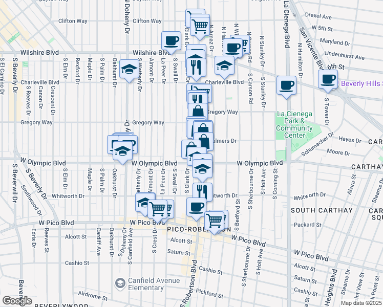 map of restaurants, bars, coffee shops, grocery stores, and more near 356 South Clark Drive in Beverly Hills
