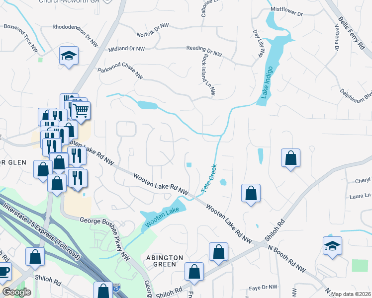 map of restaurants, bars, coffee shops, grocery stores, and more near 4497 Balmoral Road Northwest in Kennesaw