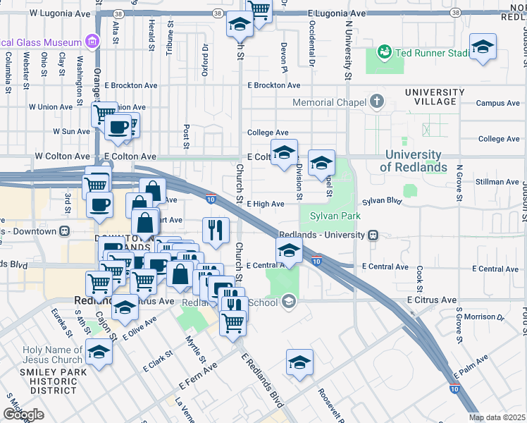 map of restaurants, bars, coffee shops, grocery stores, and more near 815 East High Avenue in Redlands