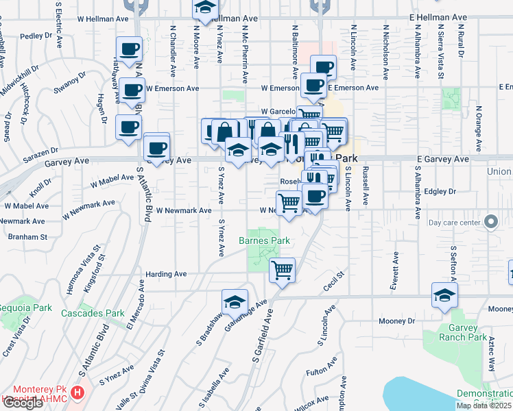 map of restaurants, bars, coffee shops, grocery stores, and more near 325 West Newmark Avenue in Monterey Park
