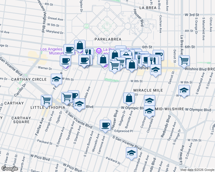 map of restaurants, bars, coffee shops, grocery stores, and more near 823 South Sierra Bonita Avenue in Los Angeles