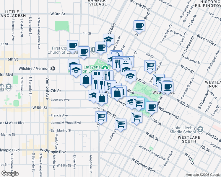 map of restaurants, bars, coffee shops, grocery stores, and more near 668 South Rampart Boulevard in Los Angeles