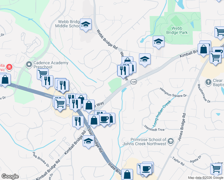 map of restaurants, bars, coffee shops, grocery stores, and more near 122 Prospect Place in Alpharetta