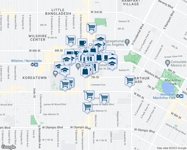 map of restaurants, bars, coffee shops, grocery stores, and more near 3055 7th Street in Los Angeles