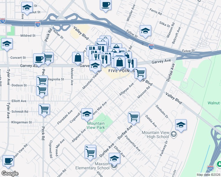 map of restaurants, bars, coffee shops, grocery stores, and more near 2826 Cogswell Road in El Monte