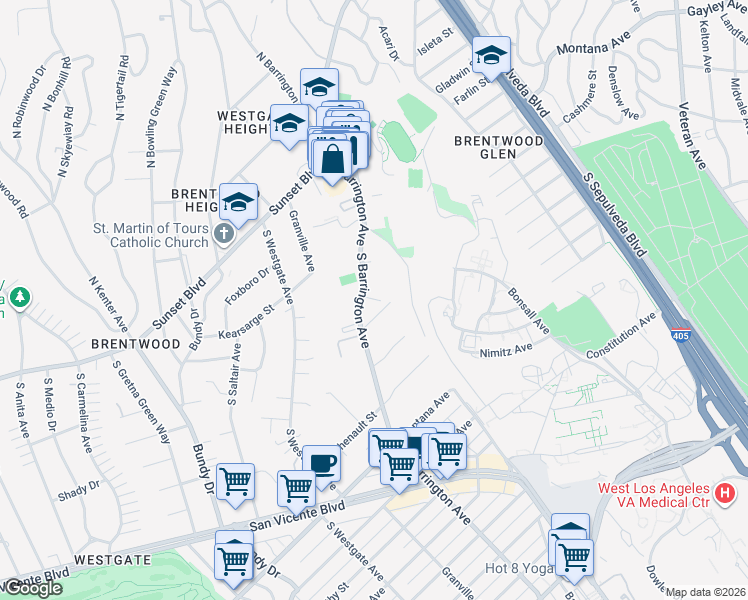 map of restaurants, bars, coffee shops, grocery stores, and more near 419 1/2 South Barrington Avenue in Los Angeles