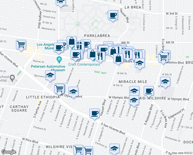 map of restaurants, bars, coffee shops, grocery stores, and more near 802 South Sierra Bonita Avenue in Los Angeles