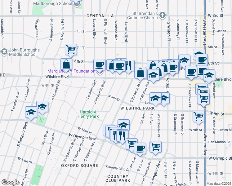 map of restaurants, bars, coffee shops, grocery stores, and more near Lorraine Boulevard in Los Angeles