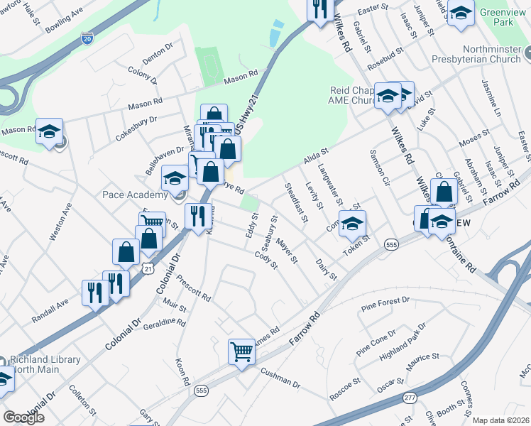 map of restaurants, bars, coffee shops, grocery stores, and more near 5924 Eddy Street in Columbia