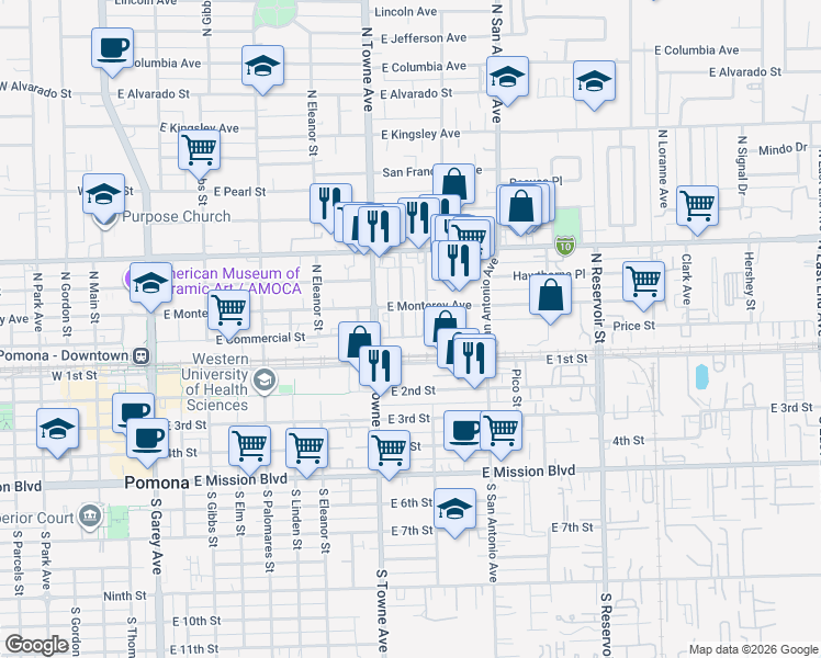 map of restaurants, bars, coffee shops, grocery stores, and more near 220 Palm Place in Pomona