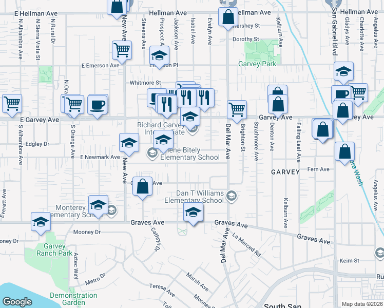 map of restaurants, bars, coffee shops, grocery stores, and more near 7632 Newmark Avenue in Rosemead