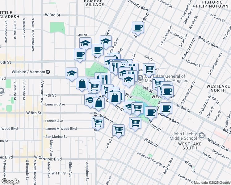 map of restaurants, bars, coffee shops, grocery stores, and more near 2525 Wilshire Boulevard in Los Angeles