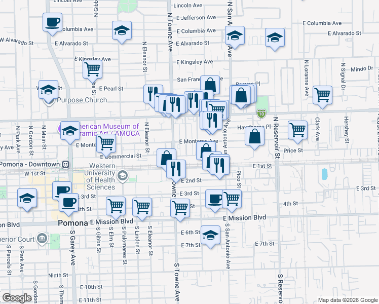 map of restaurants, bars, coffee shops, grocery stores, and more near 220 Palm Place in Pomona