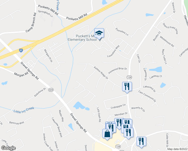 map of restaurants, bars, coffee shops, grocery stores, and more near 2843 Ashton Hill Drive in Dacula