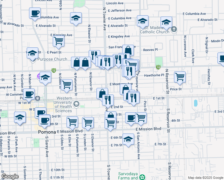 map of restaurants, bars, coffee shops, grocery stores, and more near 275 Palm Place in Pomona