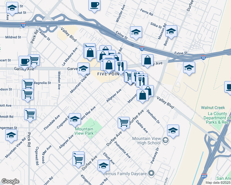map of restaurants, bars, coffee shops, grocery stores, and more near 2941 Allgeyer Avenue in El Monte