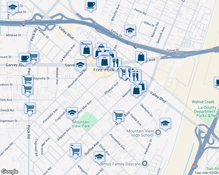 map of restaurants, bars, coffee shops, grocery stores, and more near 2941 Allgeyer Avenue in El Monte