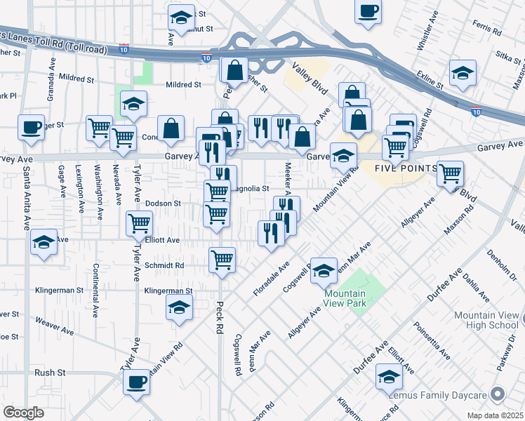 map of restaurants, bars, coffee shops, grocery stores, and more near 2710 Musgrove Avenue in El Monte