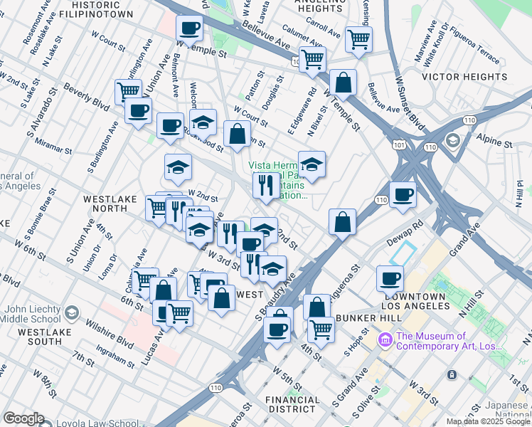 map of restaurants, bars, coffee shops, grocery stores, and more near 1282 West 2nd Street in Los Angeles